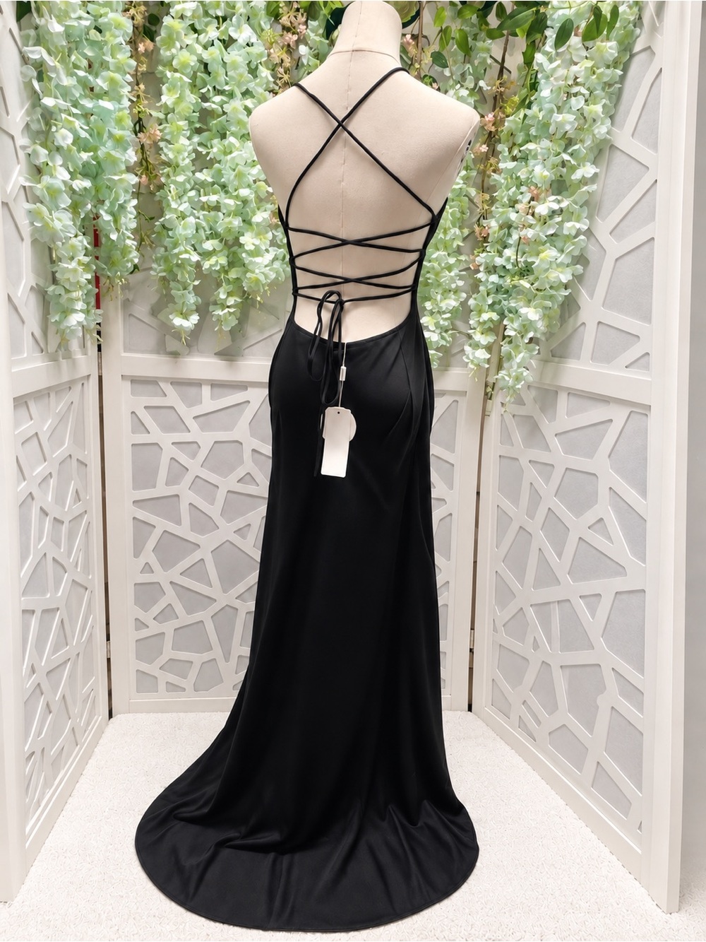 Elegant Black Backless Satin Evening Dress with Crisscross Tie Back